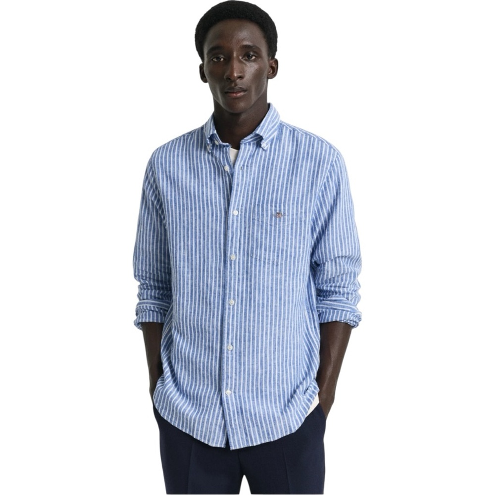 Blue and white Stripes Linen Button down Polo Shirt (M)